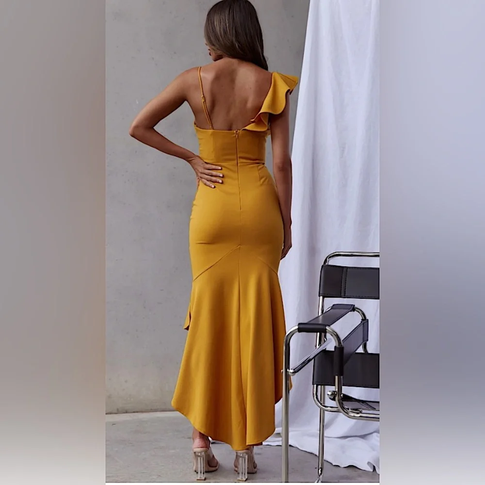 WOMEN’S RUFFLE STRAP TWIST BUST DRESS MUSTARD - XS - Picture 4 of 8